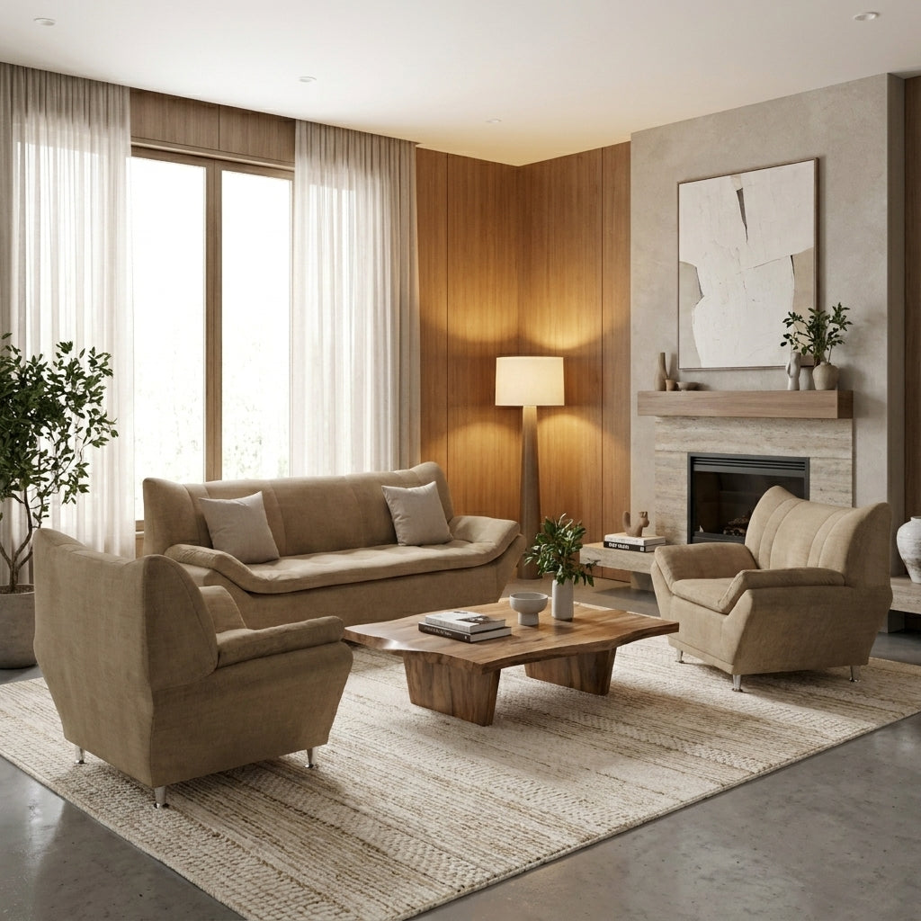 Sala Moderna Sorrento en Chenille Avena y Soportes de Acero - Perspectiva Fondo Blanco | LEMICH Muebles de Lujo