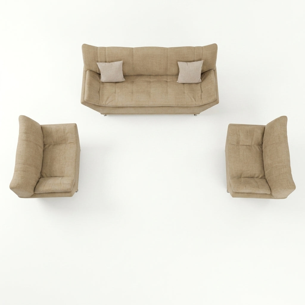 Sala Moderna Sorrento en Chenille Avena y Soportes de Acero - Perspectiva Fondo Blanco | LEMICH Muebles de Lujo