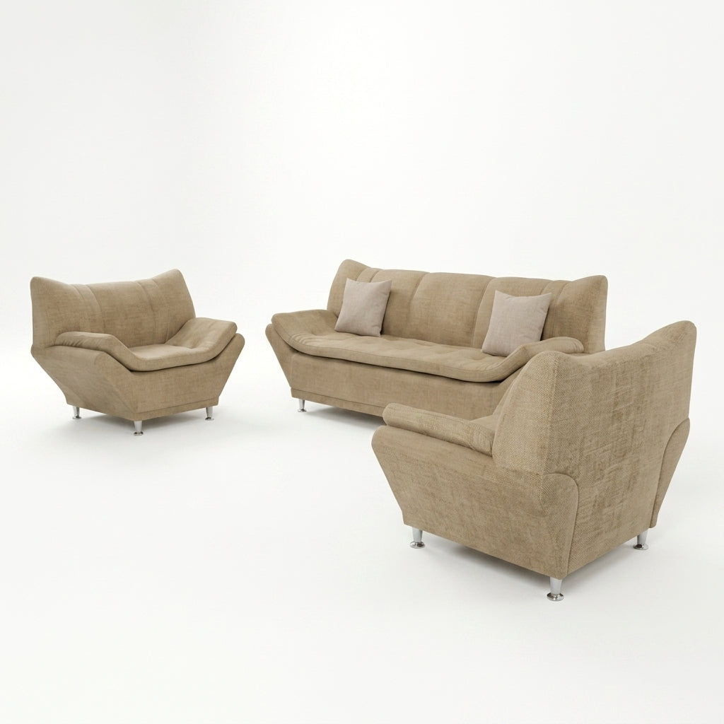 Sala Moderna Sorrento en Chenille Avena y Soportes de Acero - Perspectiva Fondo Blanco | LEMICH Muebles de Lujo