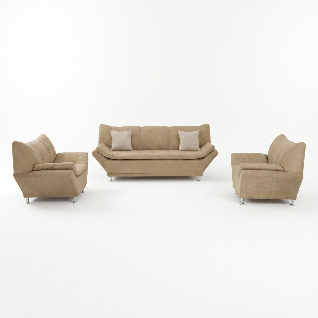 Sala Moderna Sorrento en Chenille Avena y Soportes de Acero - Perspectiva Fondo Blanco | LEMICH Muebles de Lujo