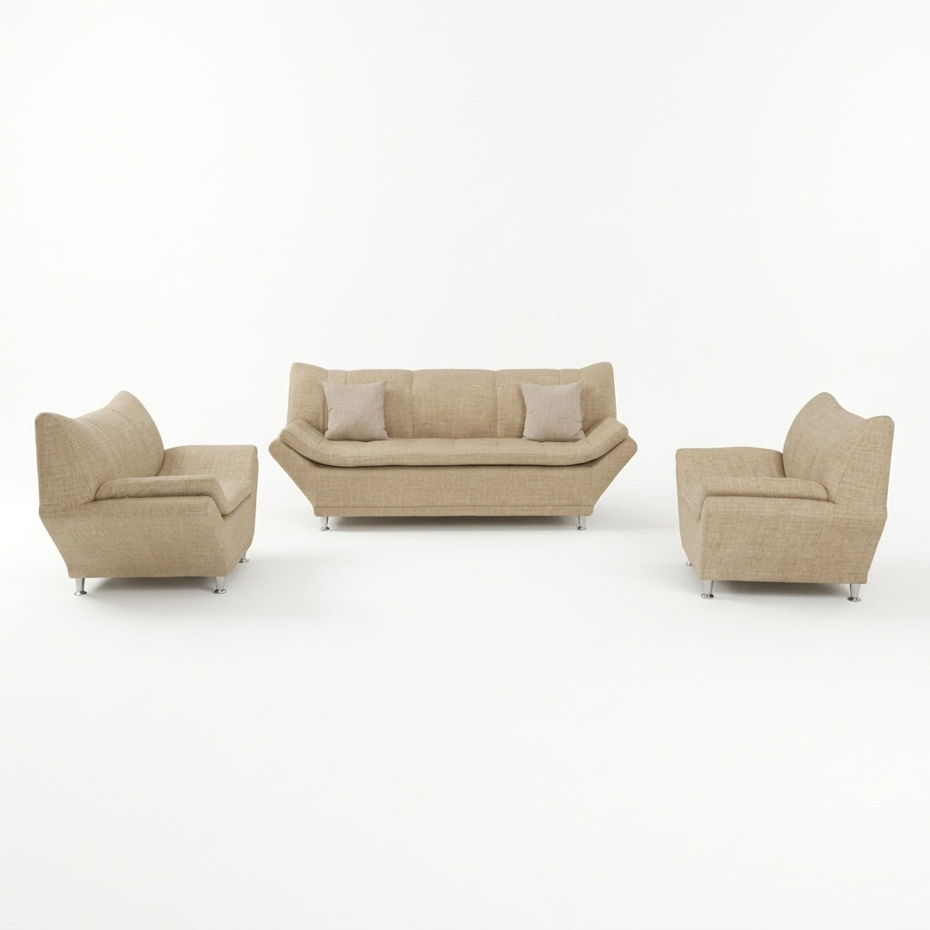 Sala Moderna Sorrento en Chenille Avena y Soportes de Acero - Perspectiva Fondo Blanco | LEMICH Muebles de Lujo