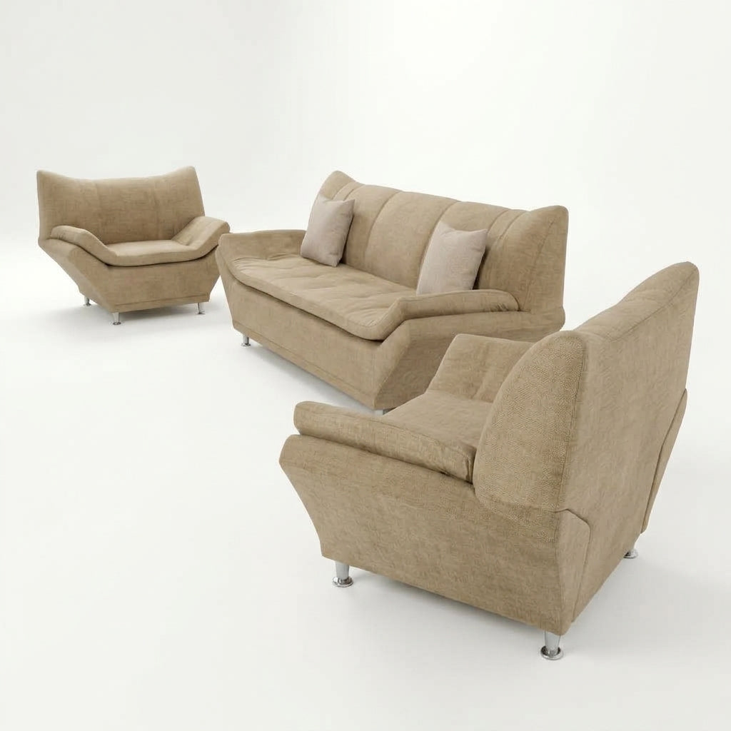 Sala Moderna Sorrento en Chenille Avena y Soportes de Acero - Perspectiva Fondo Blanco | LEMICH Muebles de Lujo