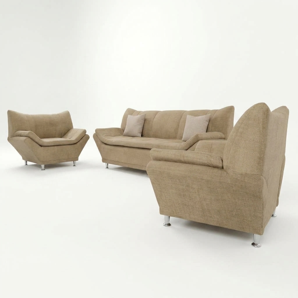 Sala Moderna Sorrento en Chenille Avena y Soportes de Acero - Perspectiva Fondo Blanco | LEMICH Muebles de Lujo
