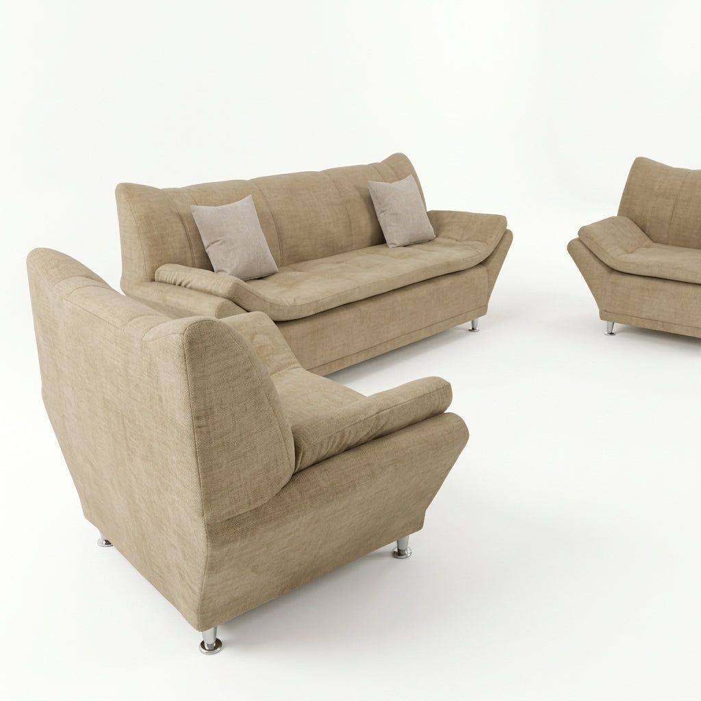 Sala Moderna Sorrento en Chenille Avena y Soportes de Acero - Perspectiva Fondo Blanco | LEMICH Muebles de Lujo