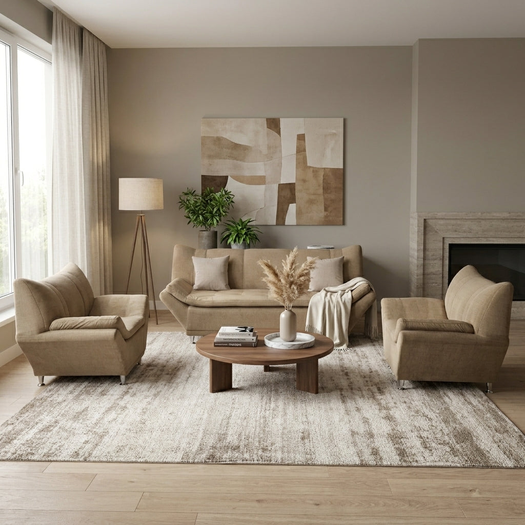 Sala Moderna Sorrento en Chenille Avena y Soportes de Acero - Ambientada Panorámica - Salón Integrado | LEMICH Muebles de Lujo
