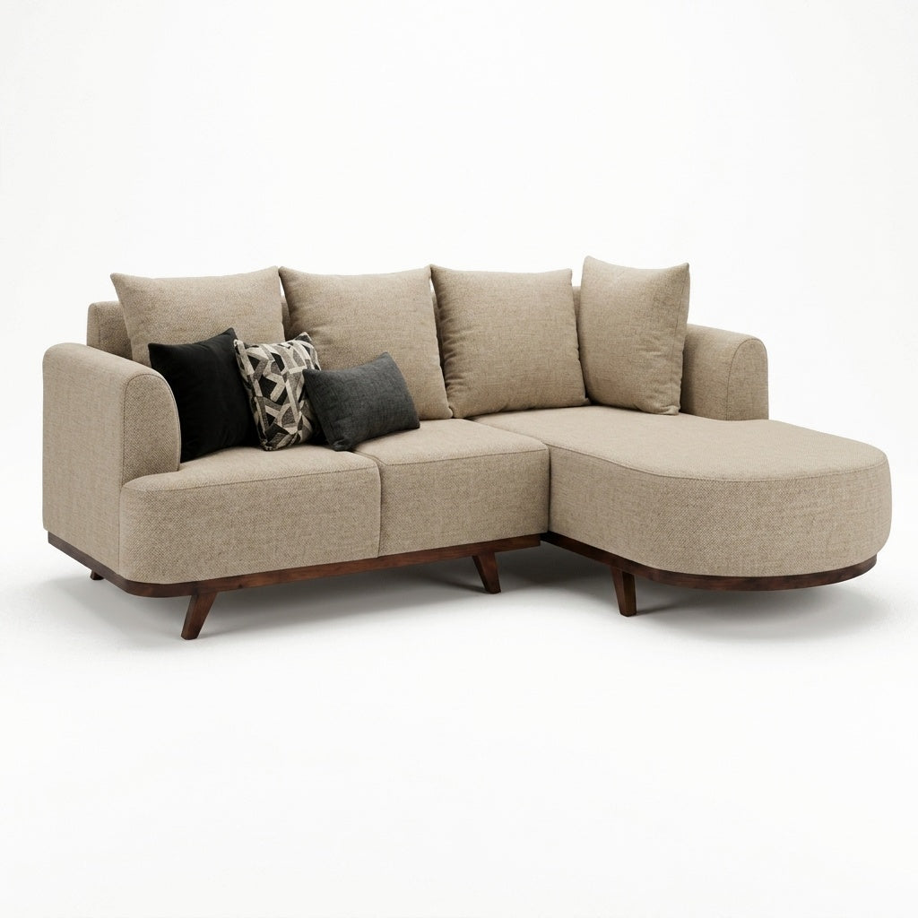 Sala Seccional Lucca con Chaise Semicircular y Base en Nogal - Fondo Blanco Hero - Vista Principal | LEMICH Muebles de Lujo