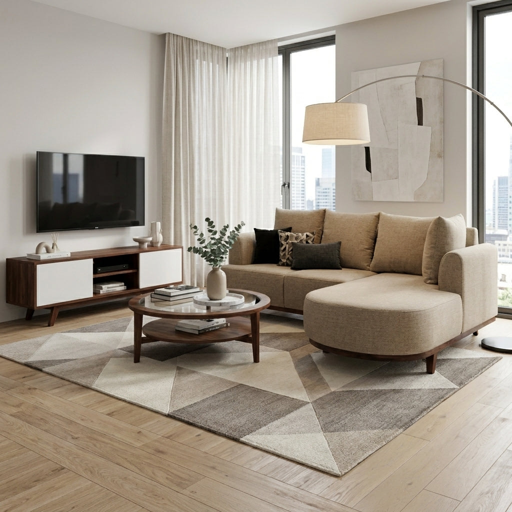 Sala Seccional Lucca con Chaise Semicircular y Base en Nogal - Ambientada Editorial - Espacio Residencial | LEMICH Muebles de Lujo