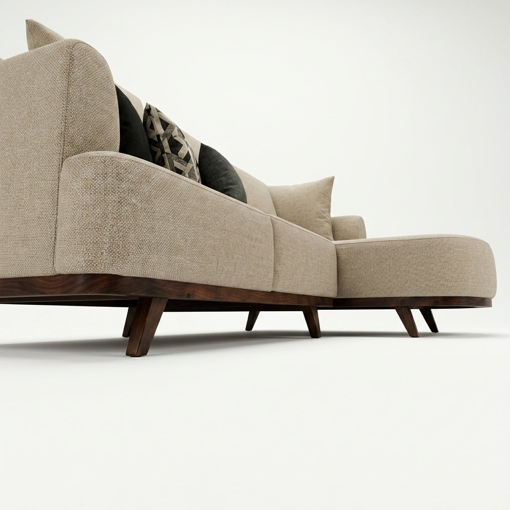 Sala Seccional Lucca con Chaise Semicircular y Base en Nogal - Perspectiva Fondo Blanco | LEMICH Muebles de Lujo