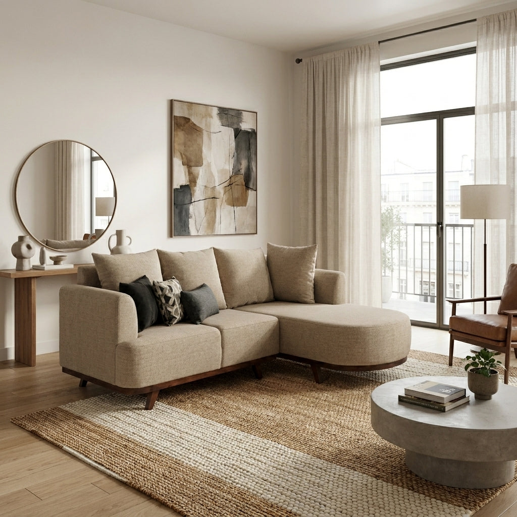 Sala Seccional Lucca con Chaise Semicircular y Base en Nogal - Ambientada Panorámica - Salón Integrado | LEMICH Muebles de Lujo