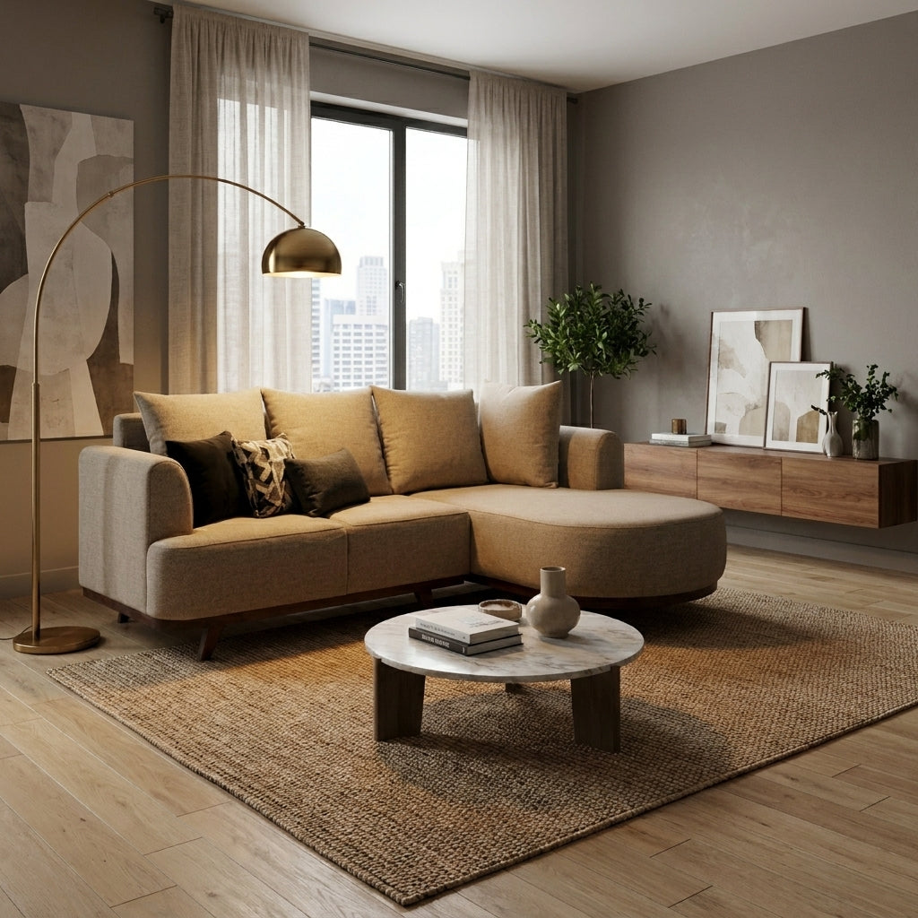 Sala Seccional Lucca con Chaise Semicircular y Base en Nogal - Ambientada Panorámica - Salón Integrado | LEMICH Muebles de Lujo