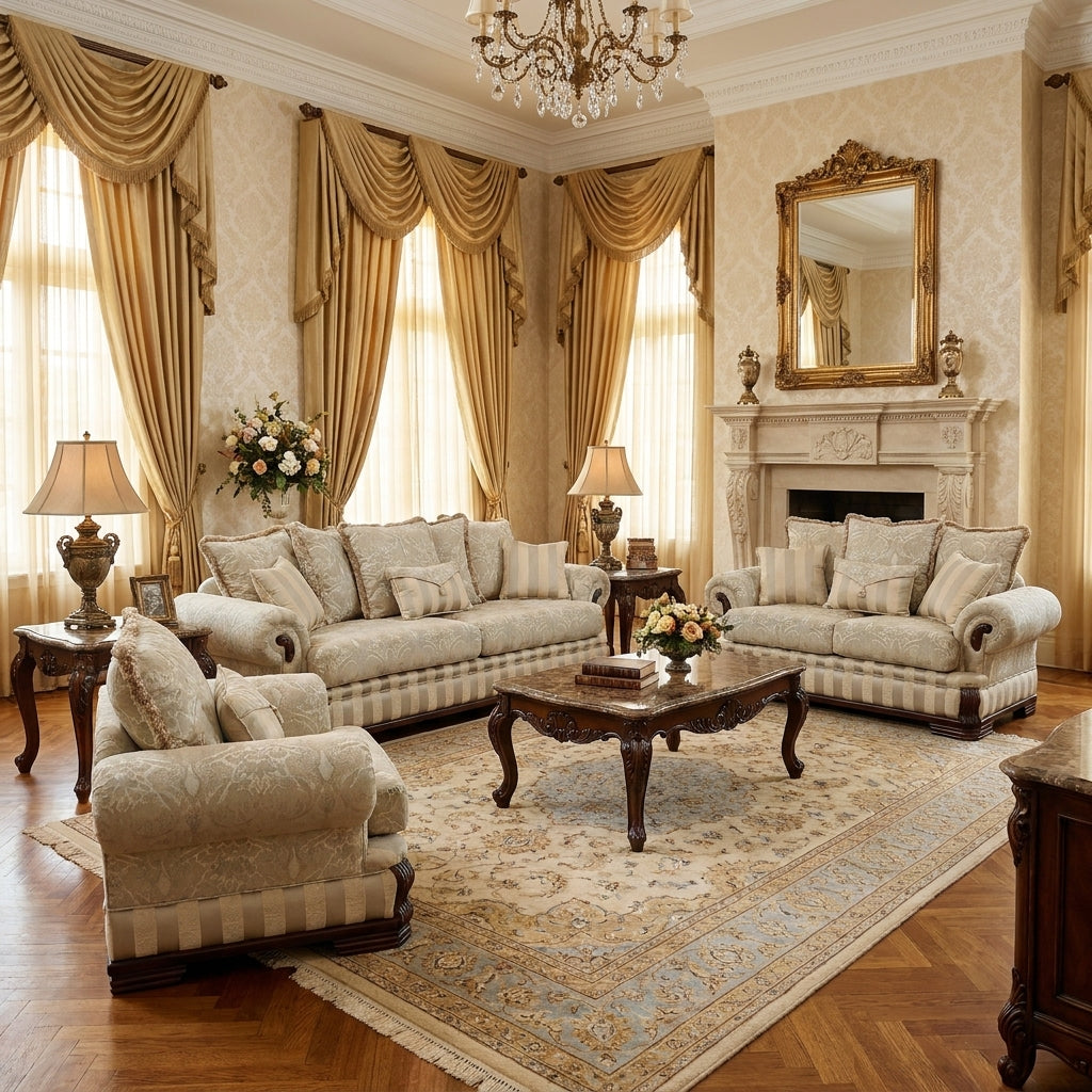 Sala Señorial Granducale Bellini con Faldón Plisado y Brazos Rodillo - Ambientada Editorial - Espacio Residencial | LEMICH Muebles de Lujo