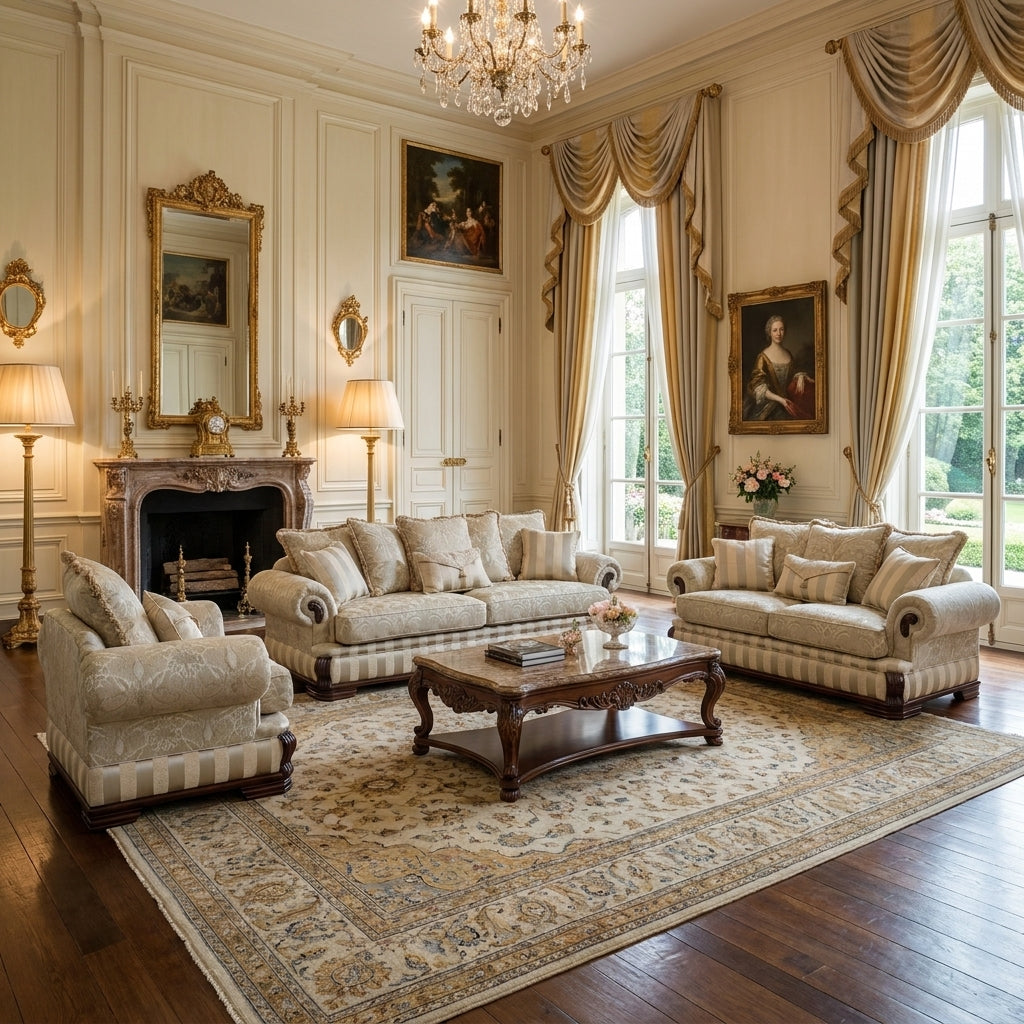 Sala Señorial Granducale Bellini con Faldón Plisado y Brazos Rodillo - Ambientada Panorámica - Salón Integrado | LEMICH Muebles de Lujo
