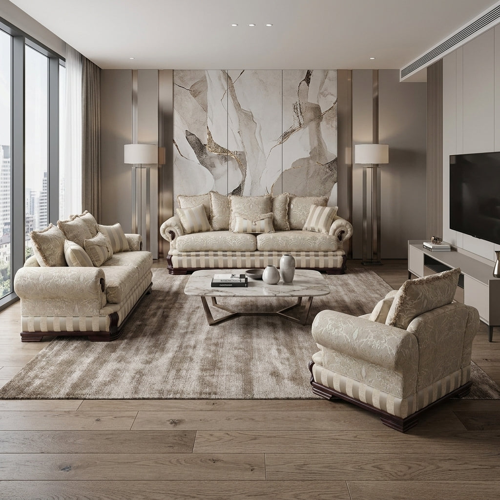 Sala Señorial Granducale Bellini con Faldón Plisado y Brazos Rodillo - Ambientada Panorámica - Salón Integrado | LEMICH Muebles de Lujo