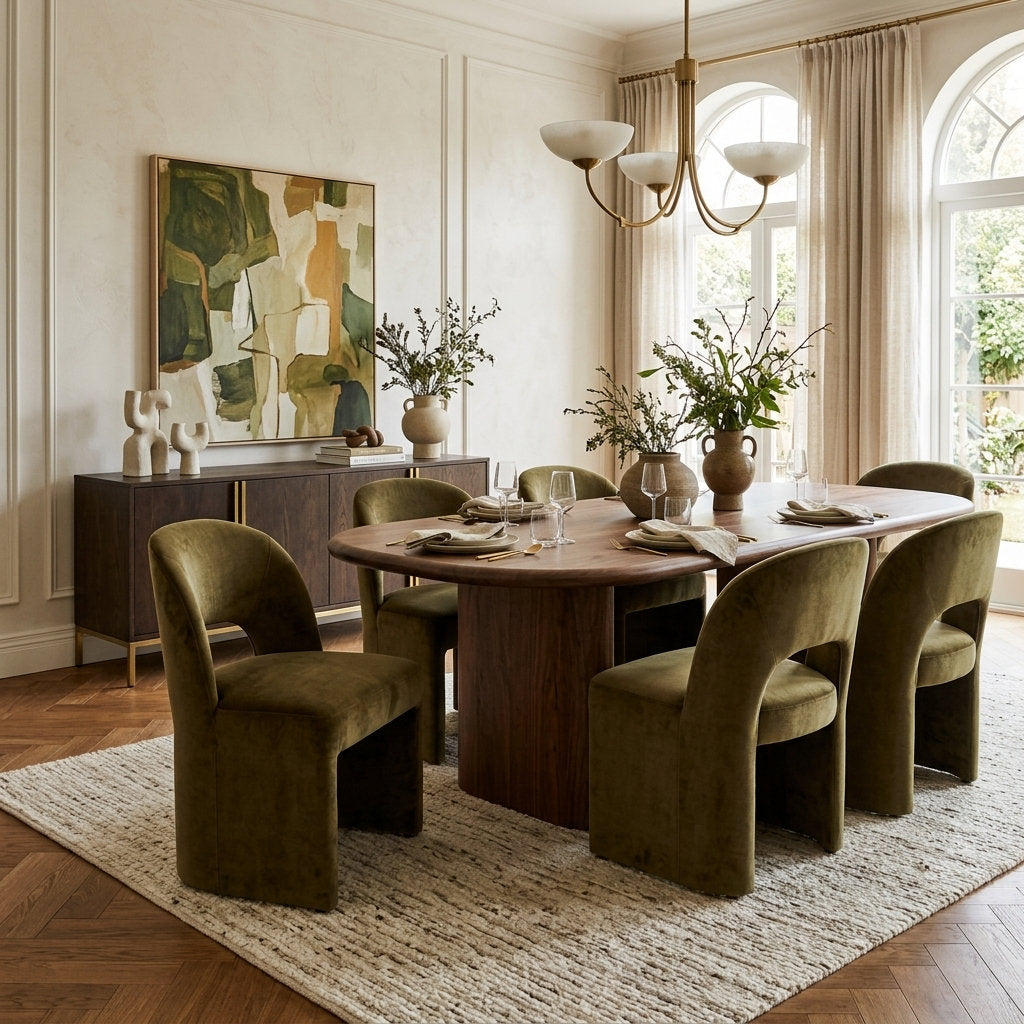 Silla Palma en Terciopelo Verde Bosque · Escultural - Ambientada en comedor contemporáneo con mesa de autor | LEMICH Muebles de Lujo Ocotlán