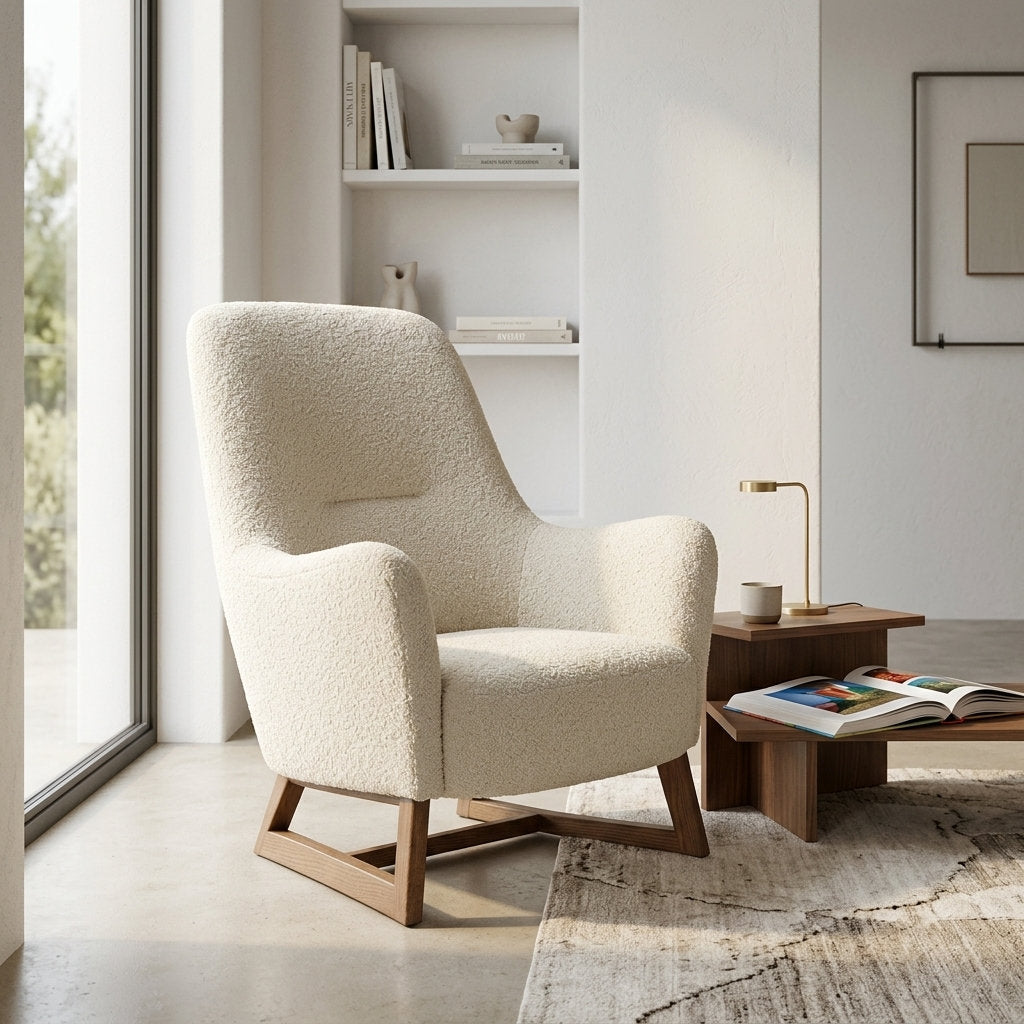 Sillón Aura · Rosa Morada · Diseño Minimalista y Cómodo - Ambientada en Rincón de Lectura con Librero | LEMICH Muebles de Lujo Ocotlán