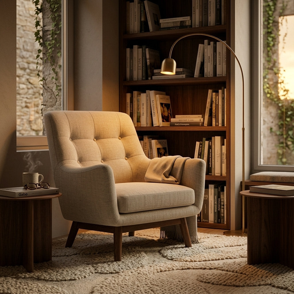 Sillón Confortalia Pino · Lujo y Confort - Ambientada en Rincón de Lectura con Librero | LEMICH Muebles de Lujo Ocotlán