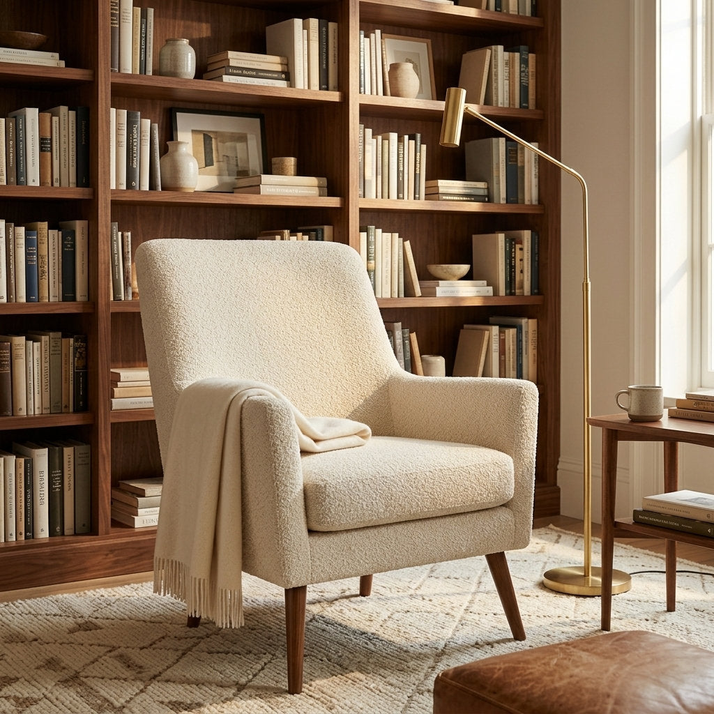 Sillón EcoRiposo · Pino · Confort Sostenible - Ambientada en Rincón de Lectura con Librero | LEMICH Muebles de Lujo Ocotlán