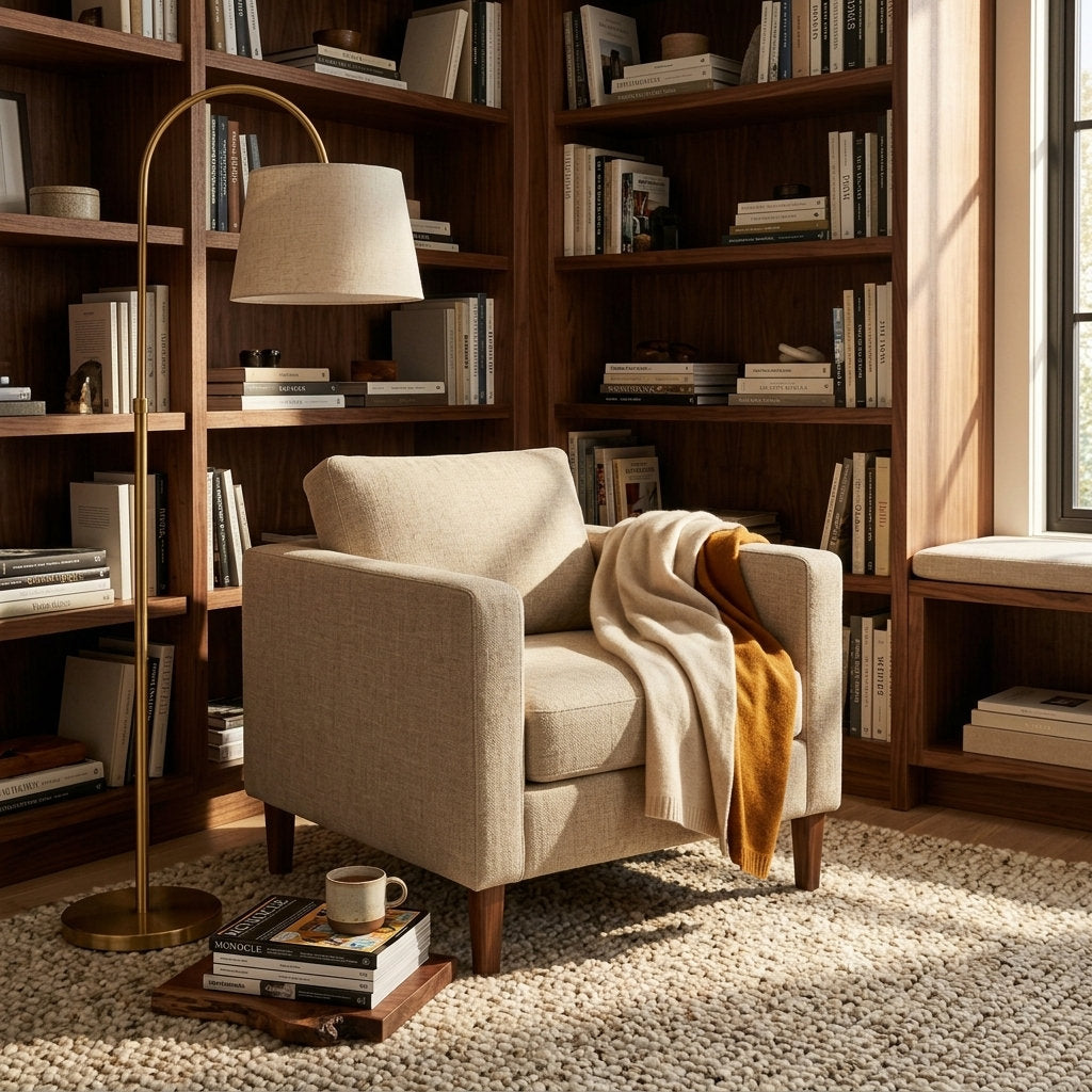Sillón Eleganza | Madera Exótica | Confort de Lujo - Ambientada en Rincón de Lectura con Librero | LEMICH Muebles de Lujo Ocotlán