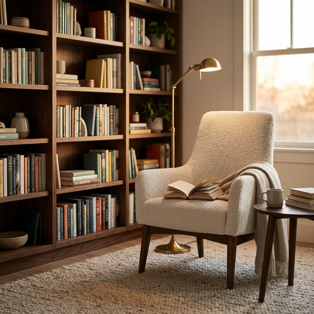 Sillón Pino LegnoAnima | Confort Premium - Ambientada en Rincón de Lectura con Librero | LEMICH Muebles de Lujo Ocotlán