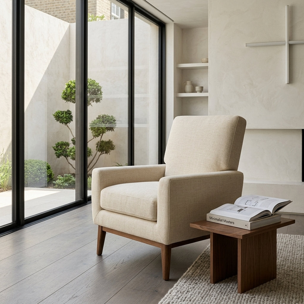 Sillón Tranquillità · Pino Minimalista: Tu Refugio Cómodo - Ambientada en Rincón de Lectura con Librero | LEMICH Muebles de Lujo Ocotlán