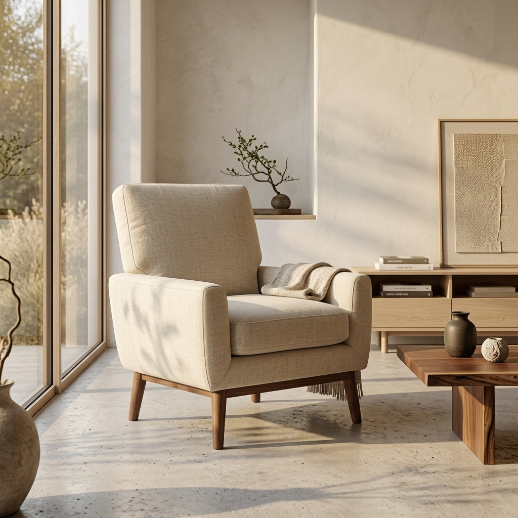 Sillón Tranquillità · Pino Minimalista: Tu Refugio Cómodo - Ambientada con Luz Natural Matutina | LEMICH Muebles de Lujo Ocotlán