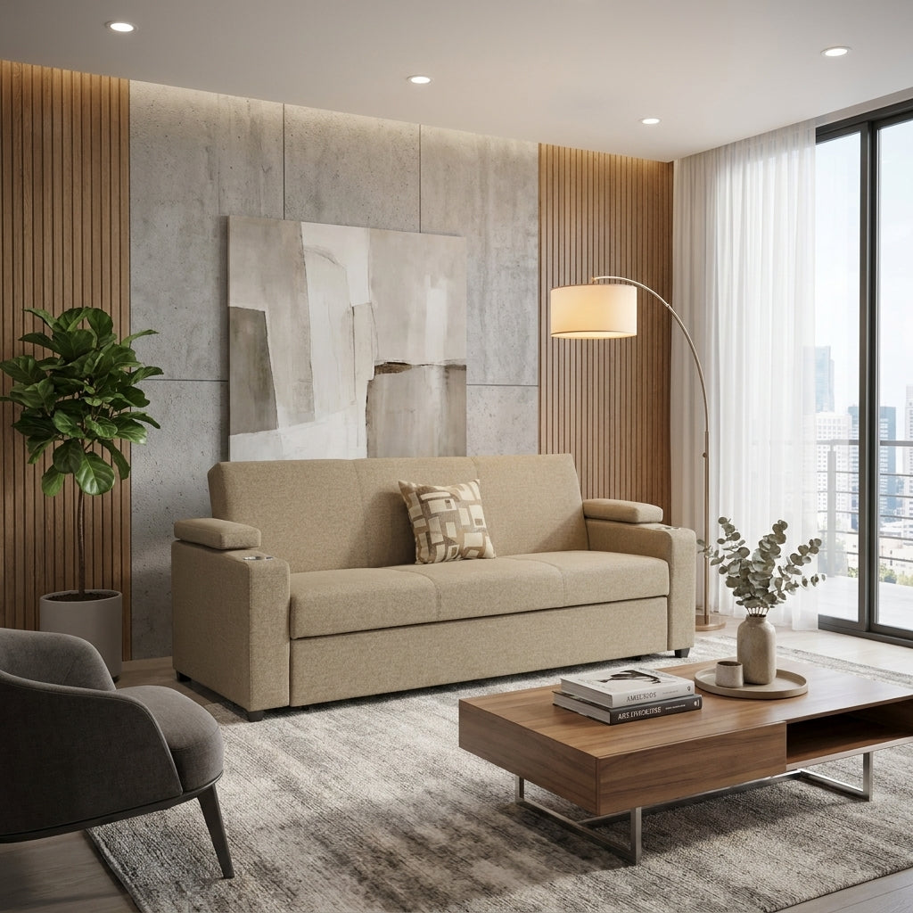 Sofá Cama Divano Verona con Portavasos Integrados - Ambientada Panorámica - Salón Integrado | LEMICH Muebles de Lujo